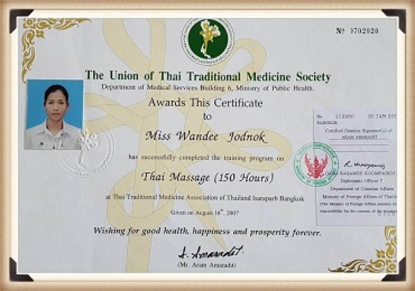 Diplôme de massage thaïlandais (150 heures) de Wandee Nicolas, Bangkok